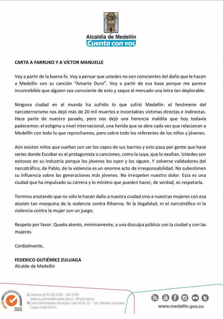 Federico Gutiérrez rechazó la letra de la canción de Farruko y Víctor Manuelle