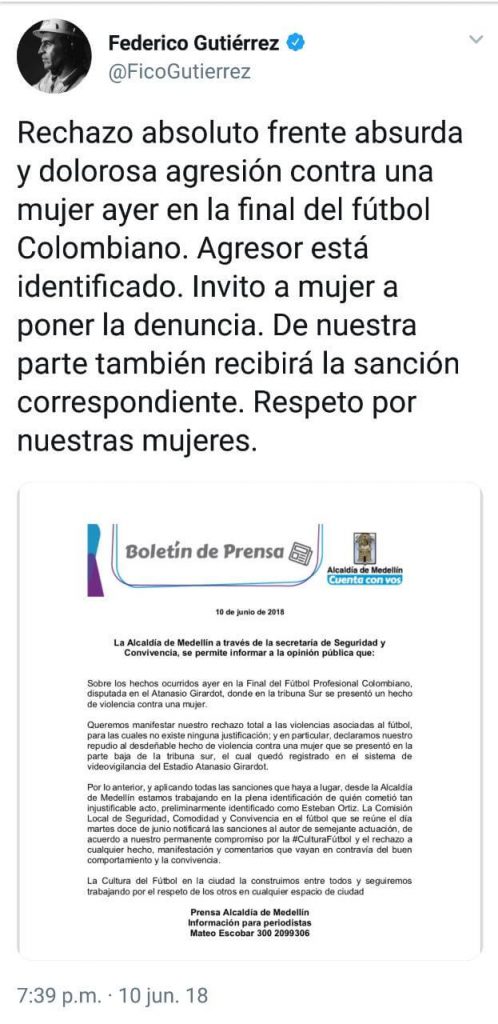 Mujer fue agredida en tribuna sur durante la final de Atlético Nacional