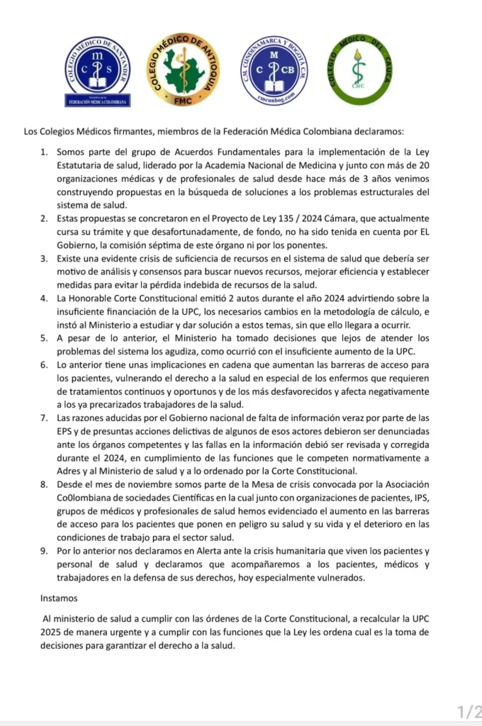 Alerta de los colegios médicos por la crisis que afecta la salud en Colombia