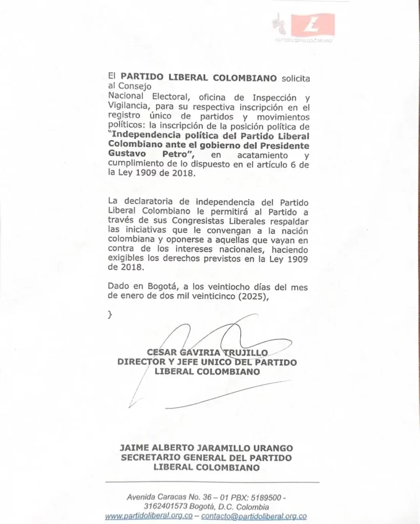 El Partido Liberal se distancia de Petro y se declara en “independencia política”