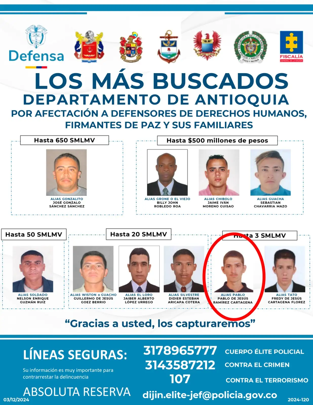 Captura de alias "Pablo", uno de los más buscados por homicidios de líderes y firmantes de paz en Antioquia