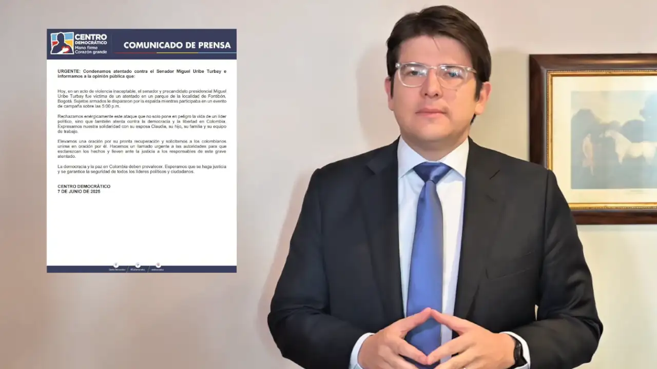 Centro Democrático exige justicia tras ataque armado al precandidato presidencial Miguel Uribe