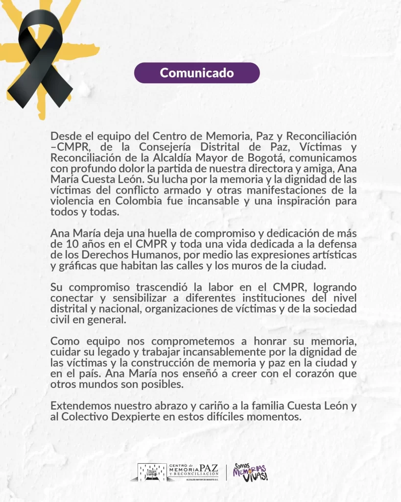 Falleció a los 39 años, Ana María Cuesta, directora del Centro de Memoria, Paz y Reconciliación Falleció a los 39 años, Ana María Cuesta, directora del Centro de Memoria, Paz y Reconciliación