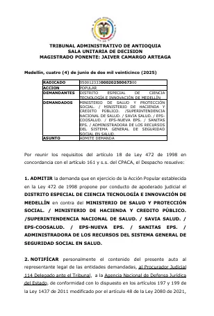 Tribunal admite demanda del alcalde de Medellín contra el Gobierno Petro por situación crítica en el sistema de salud Tribunal admite demanda del alcalde de Medellín contra el Gobierno Petro por situación crítica en el sistema de salud