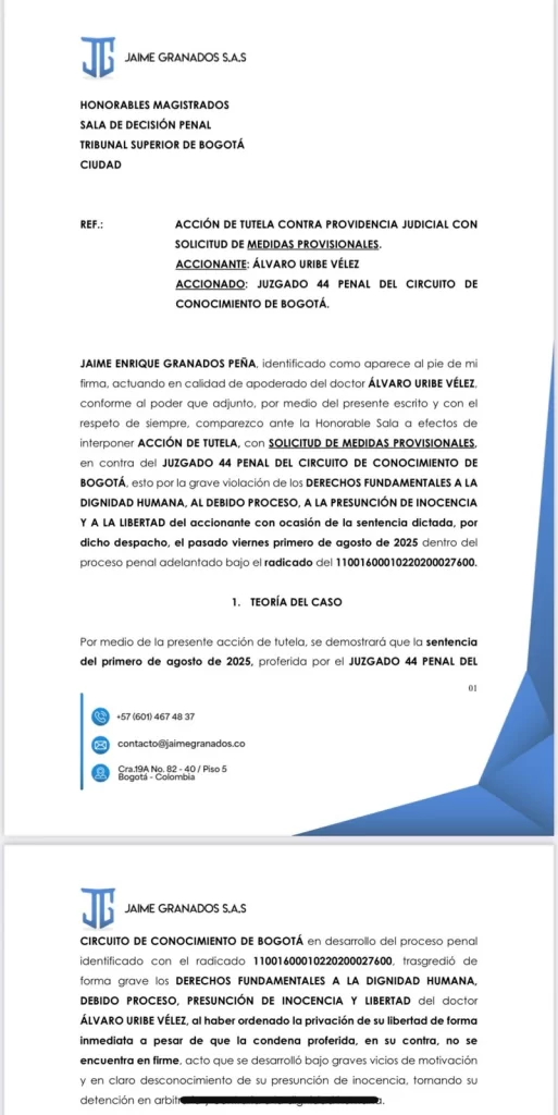 Defensa del expresidente Álvaro Uribe radicó tutela pidiendo libertad condicional mientras se resuelve la apelación Defensa del expresidente Álvaro Uribe radicó tutela pidiendo libertad condicional mientras se resuelve la apelación